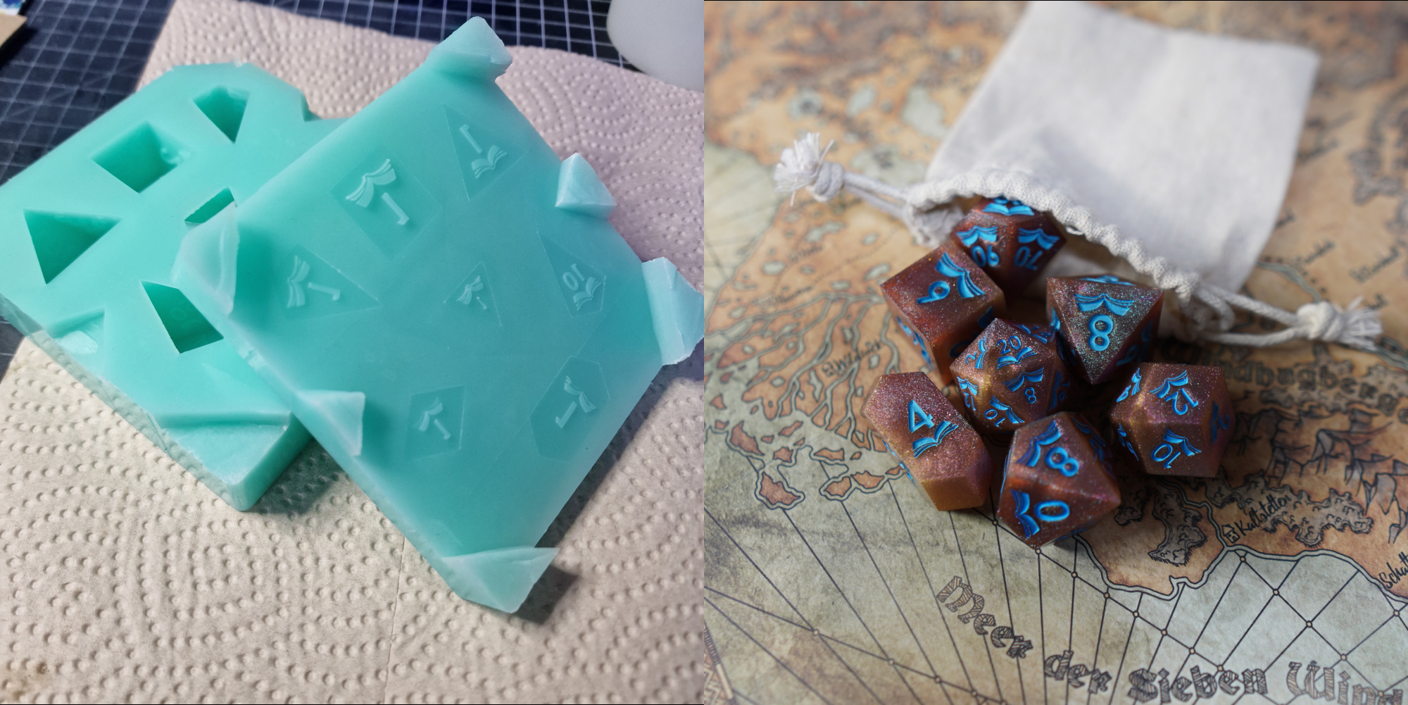 Resin dice molds and a finished set of galaxy-swirl dice spilling out of a bag